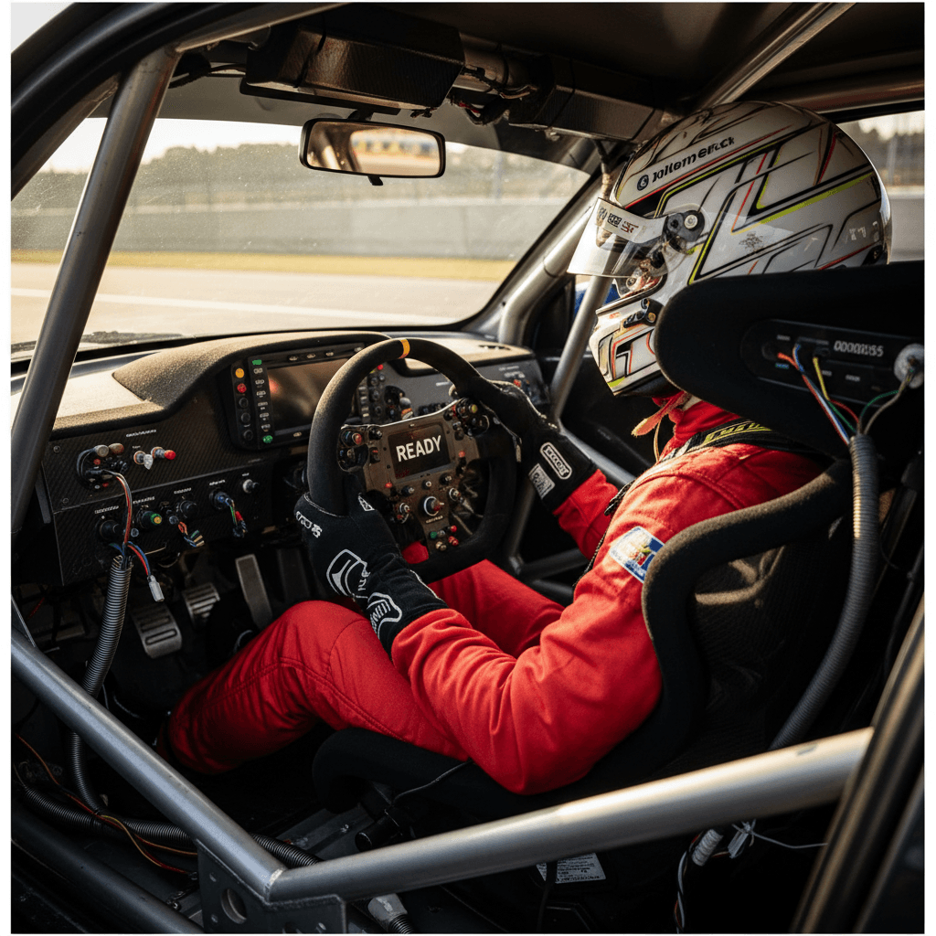 Pilota in abitacolo pronto per la gara