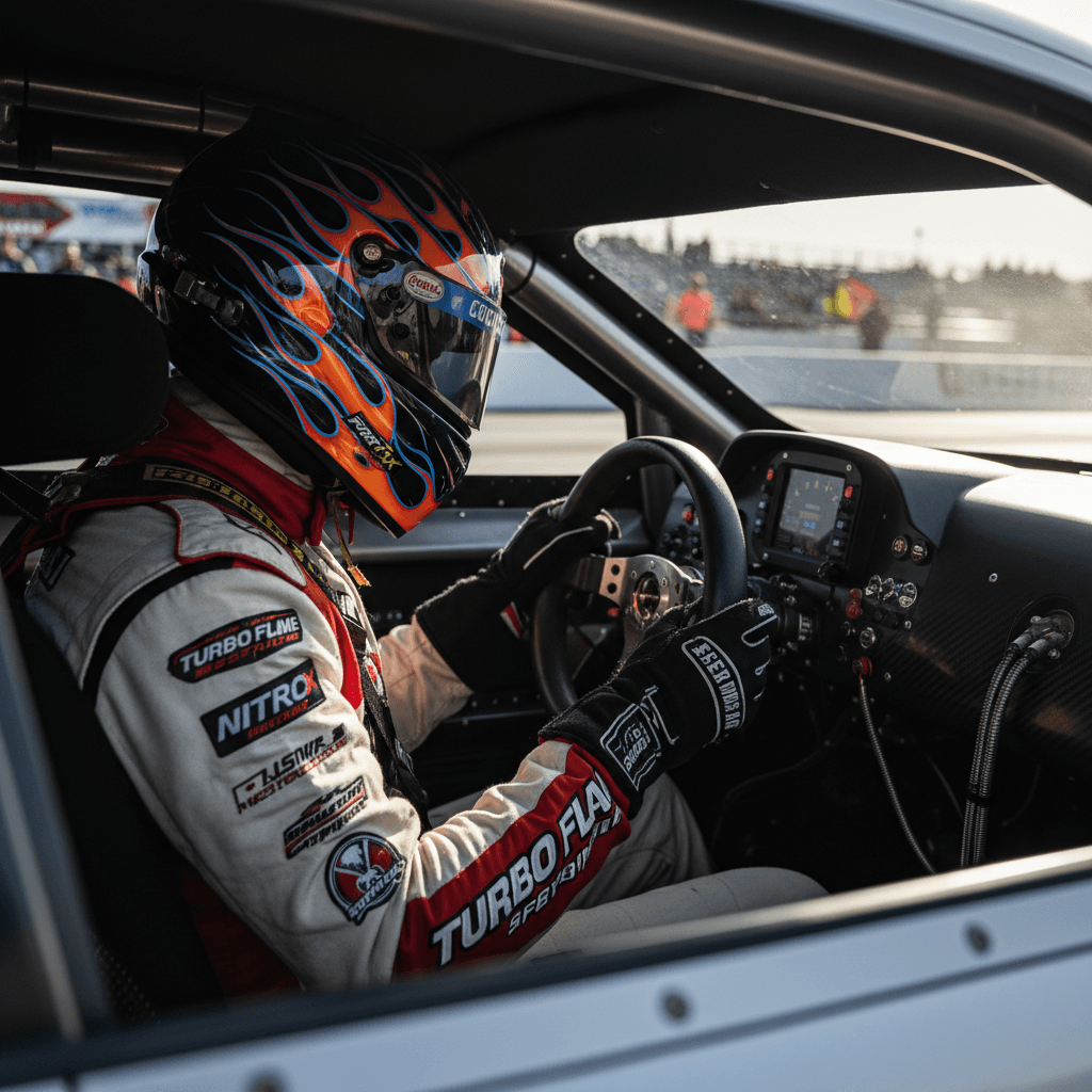 Pilota nella cabina di una vettura da competizione