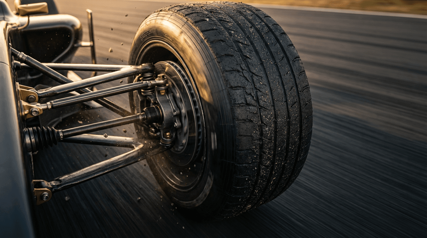 Dettaglio ruote auto rally in derapata su tracciato sterrato con polvere