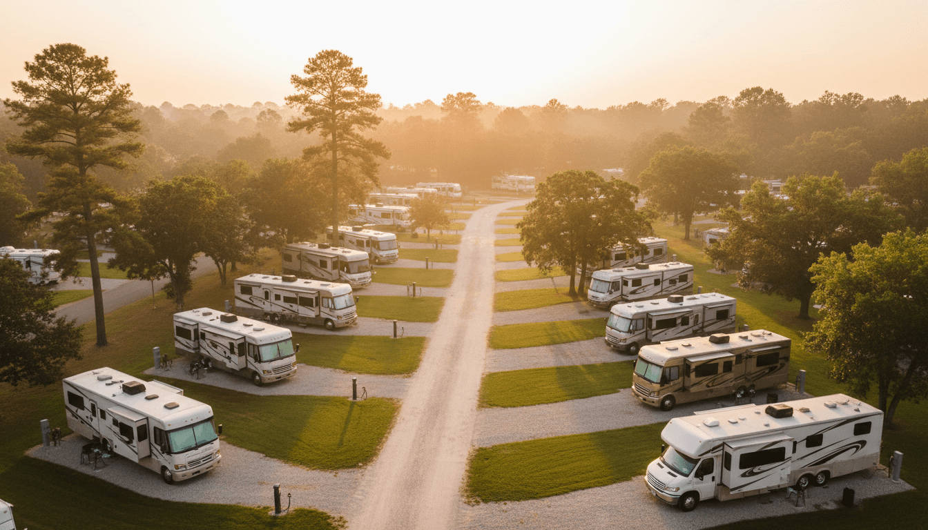 Wide view of RV park with multiple vehicles parked among tall trees at golden hour, showing organized sites and tree-lined pathways