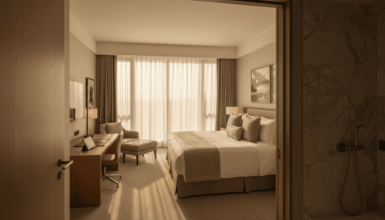Sunlit contemporary hotel guest room with king bed, workspace desk, and modern amenities in warm luxury aesthetic