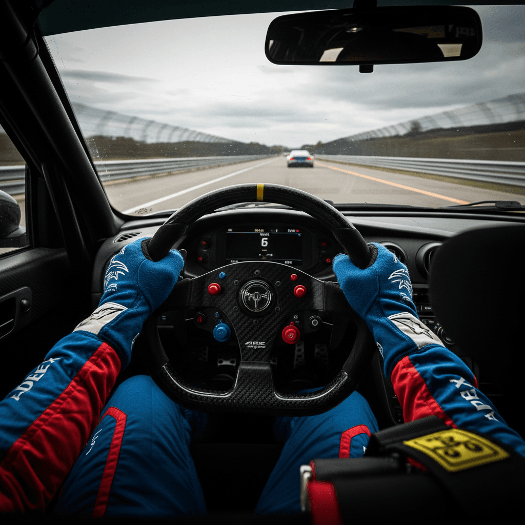 Pilota professionista su circuito di gara con auto ad alte prestazioni